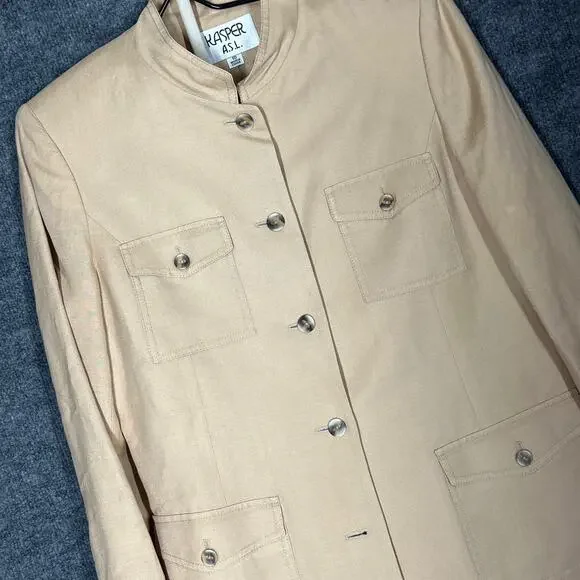 Kasper Blazer Jacket Pantsuit Womens 10 Tan Linen Rayon Classic Safari Explorer